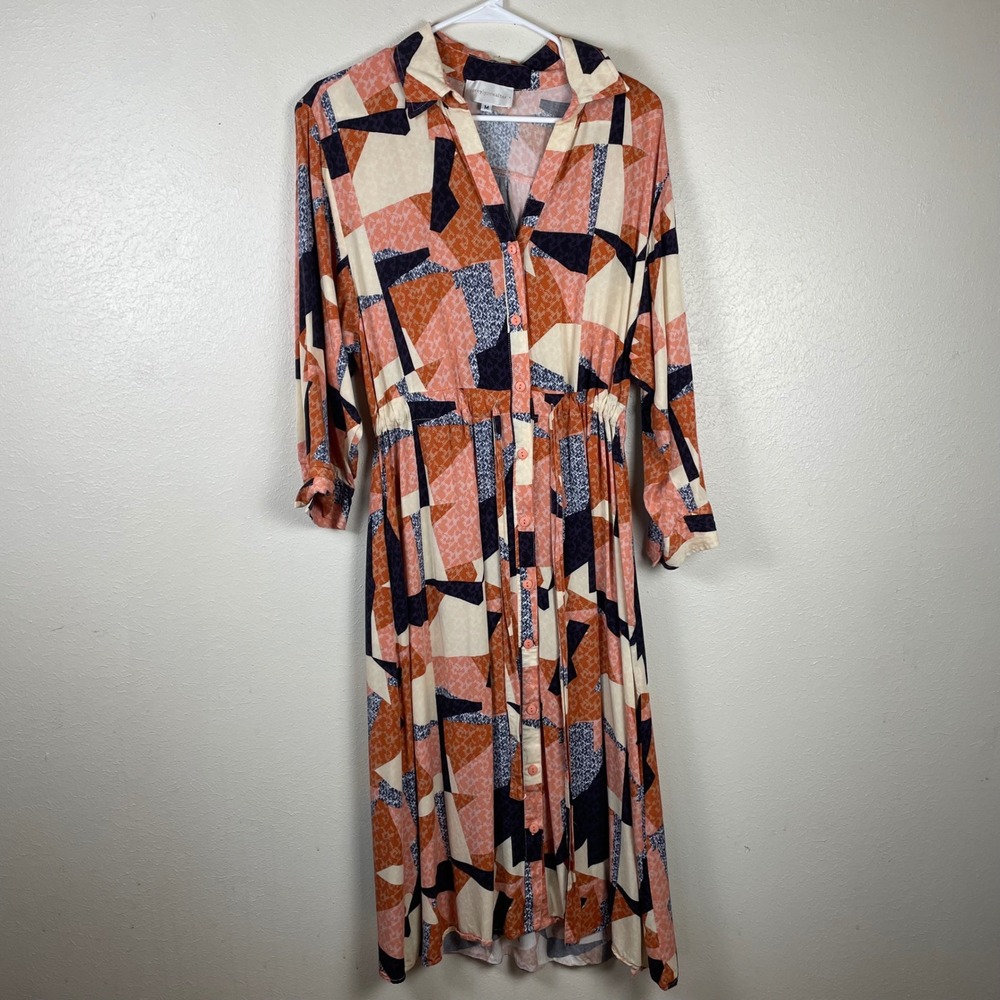 Corey Lynn Calter Geometric Abstract Midi Shirt Dress Orange Purple Womens‎ M